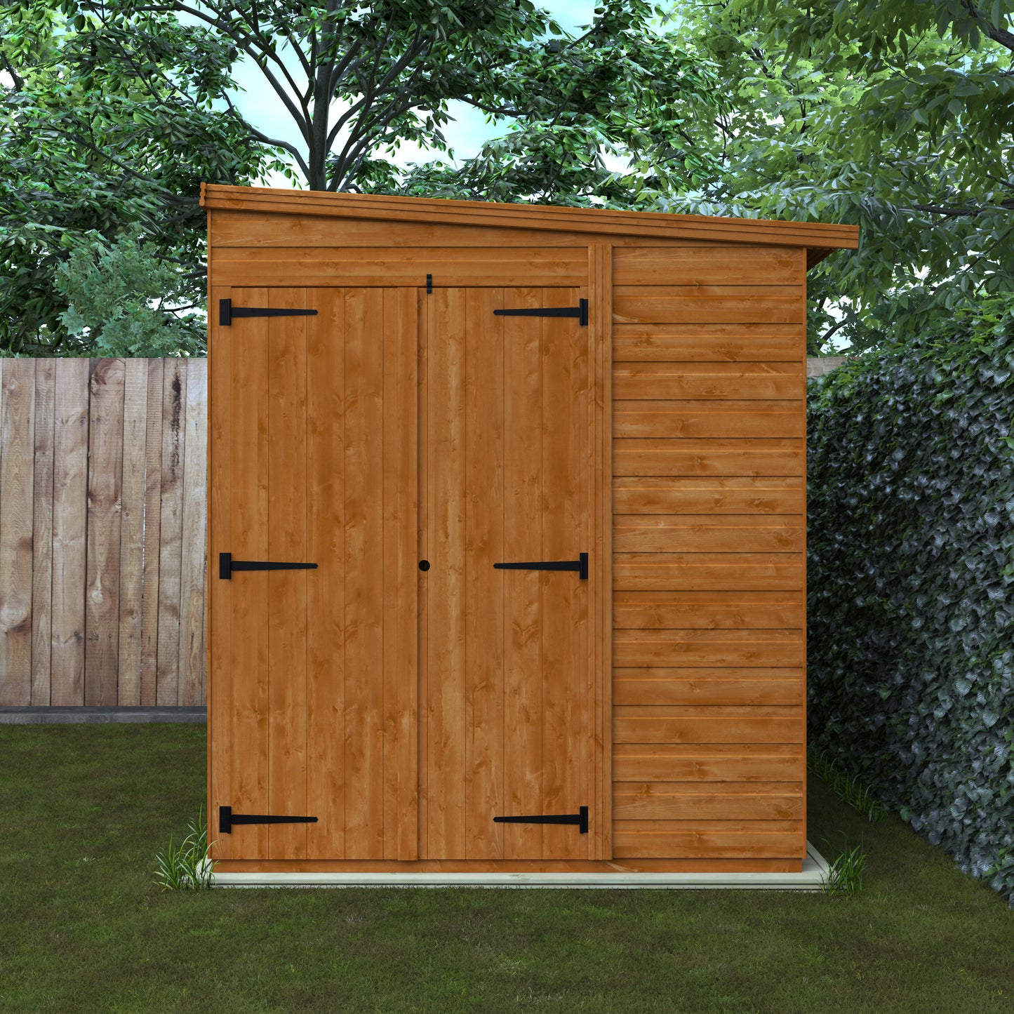 brown wooden shed with black hardware on grass next to a fence and a hedge.