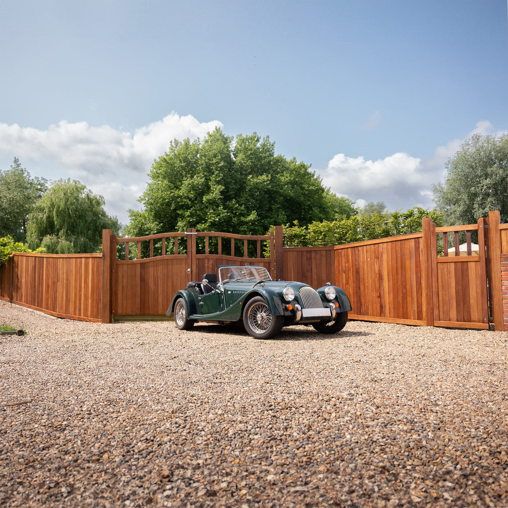 Iroko Swan Neck Cottage Mortise & Tenon Sliding Driveway Gate