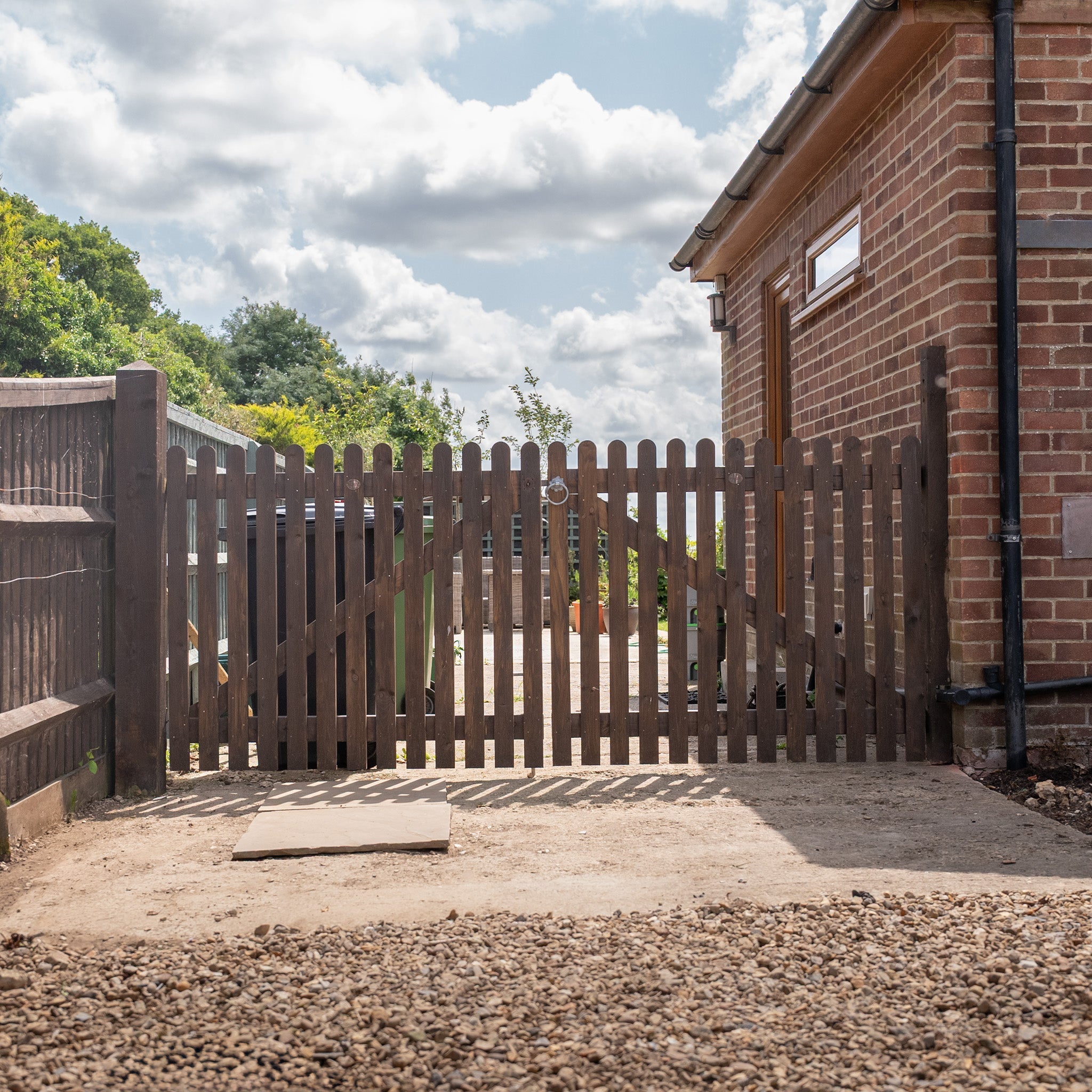 Scandinavian Redwood Picket Driveway Gate Pair