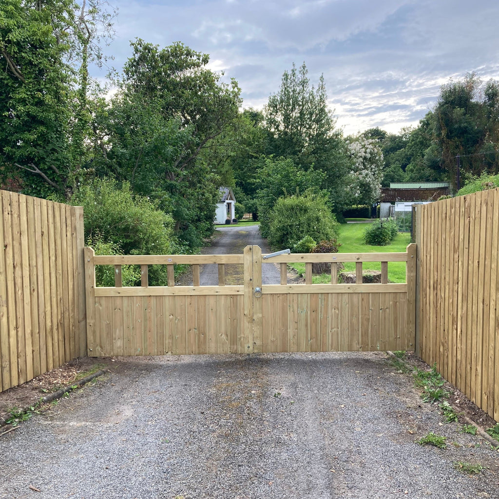 Cottage Scandinavian Redwood Mortise and Tenon T&G Driveway Gate Pair