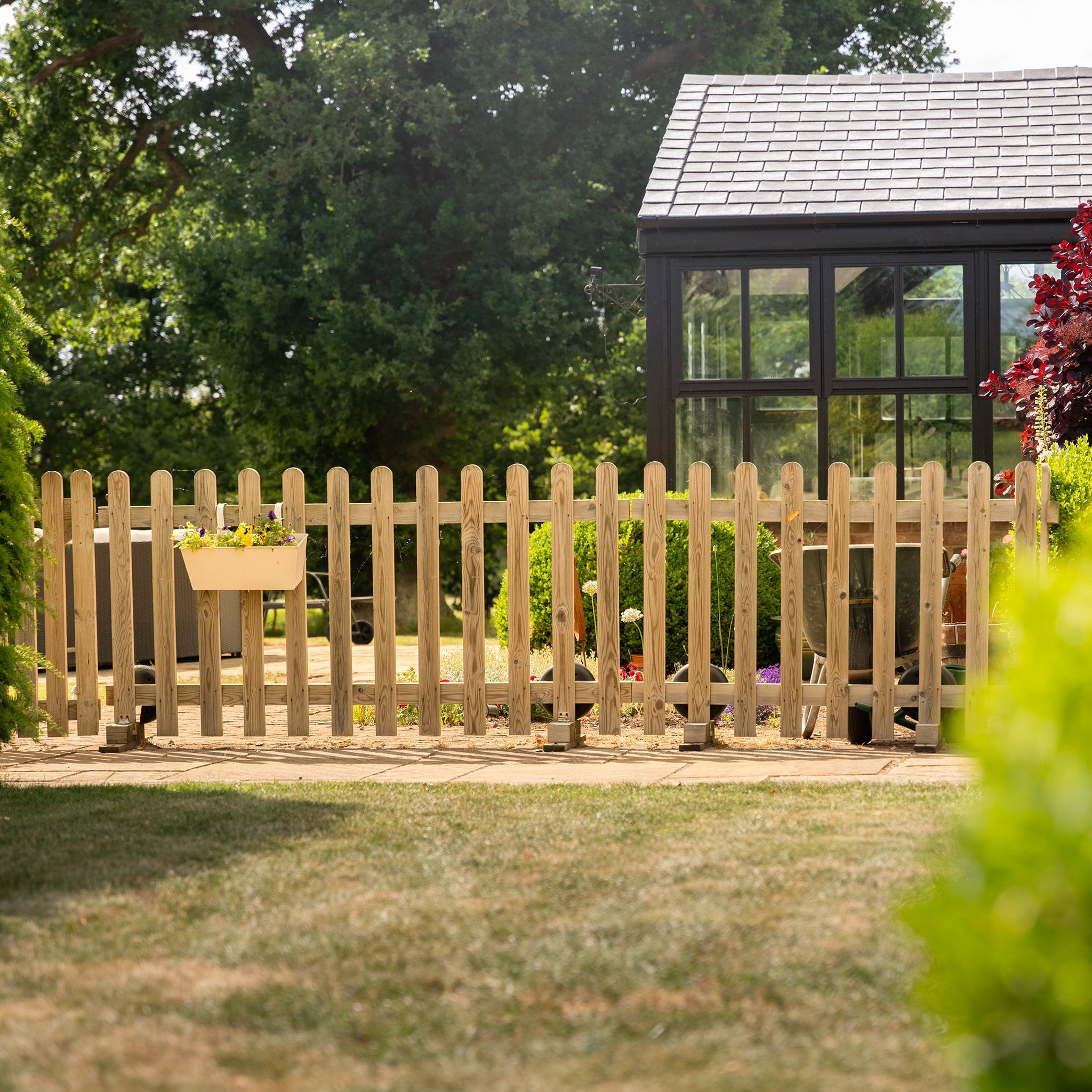 Portable Freestanding Scandinavian Redwood Treated Picket Fence Panel