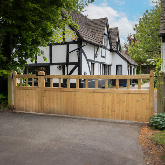 Cottage Scandinavian Redwood Mortise & Tenon 3/4 Split Driveway Gate Pair