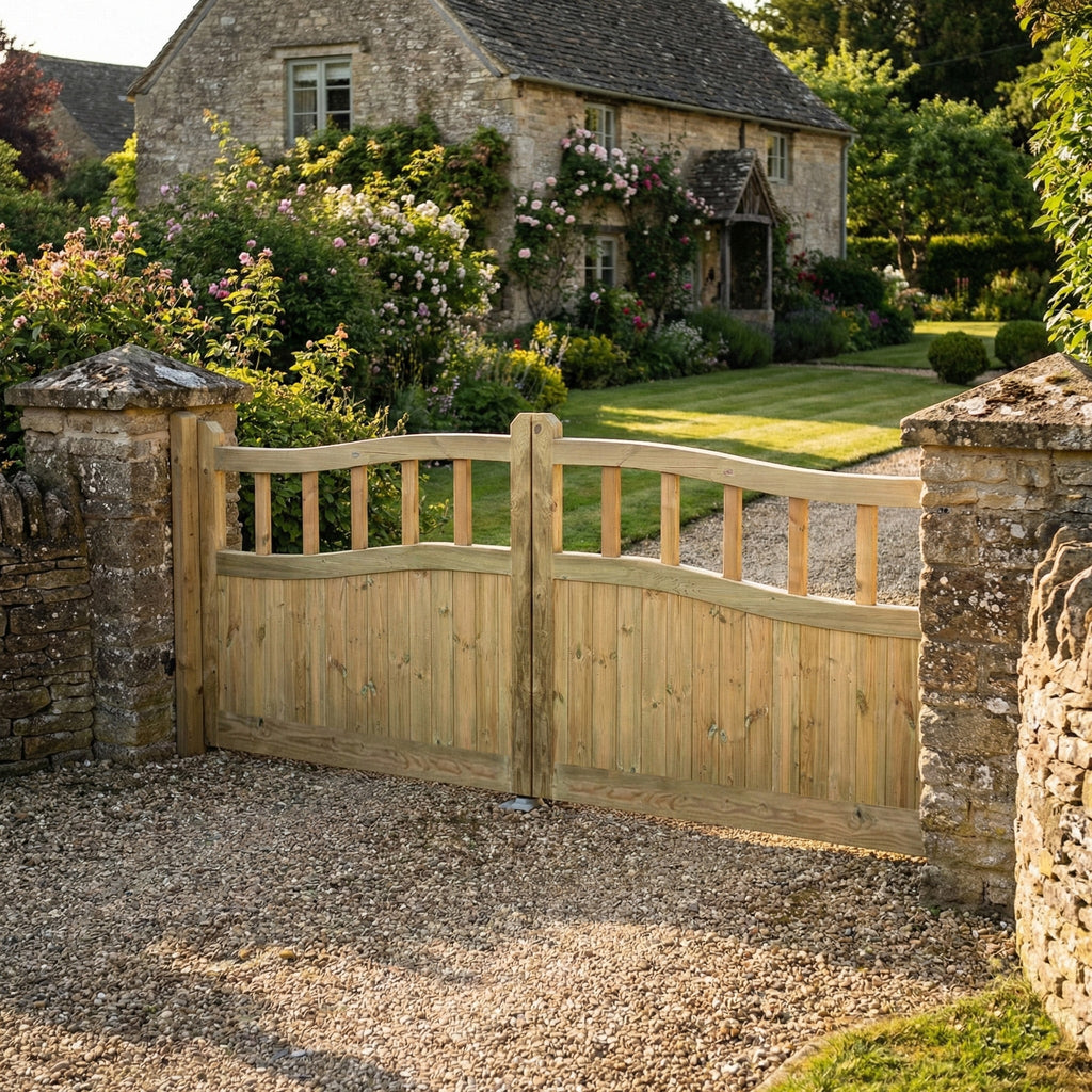 Cottage Swan Neck Scandinavian Redwood Sliding Driveway Gate