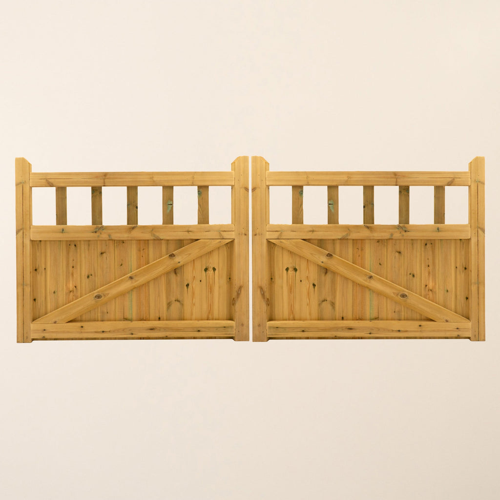 Cottage Scandinavian Redwood Mortise and Tenon T&G Driveway Gate Pair