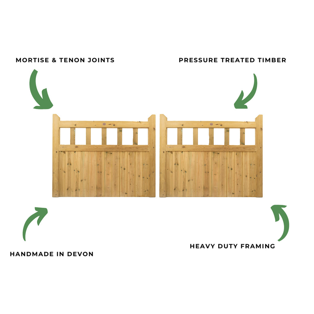 Cottage Scandinavian Redwood Mortise and Tenon T&G Driveway Gate Pair