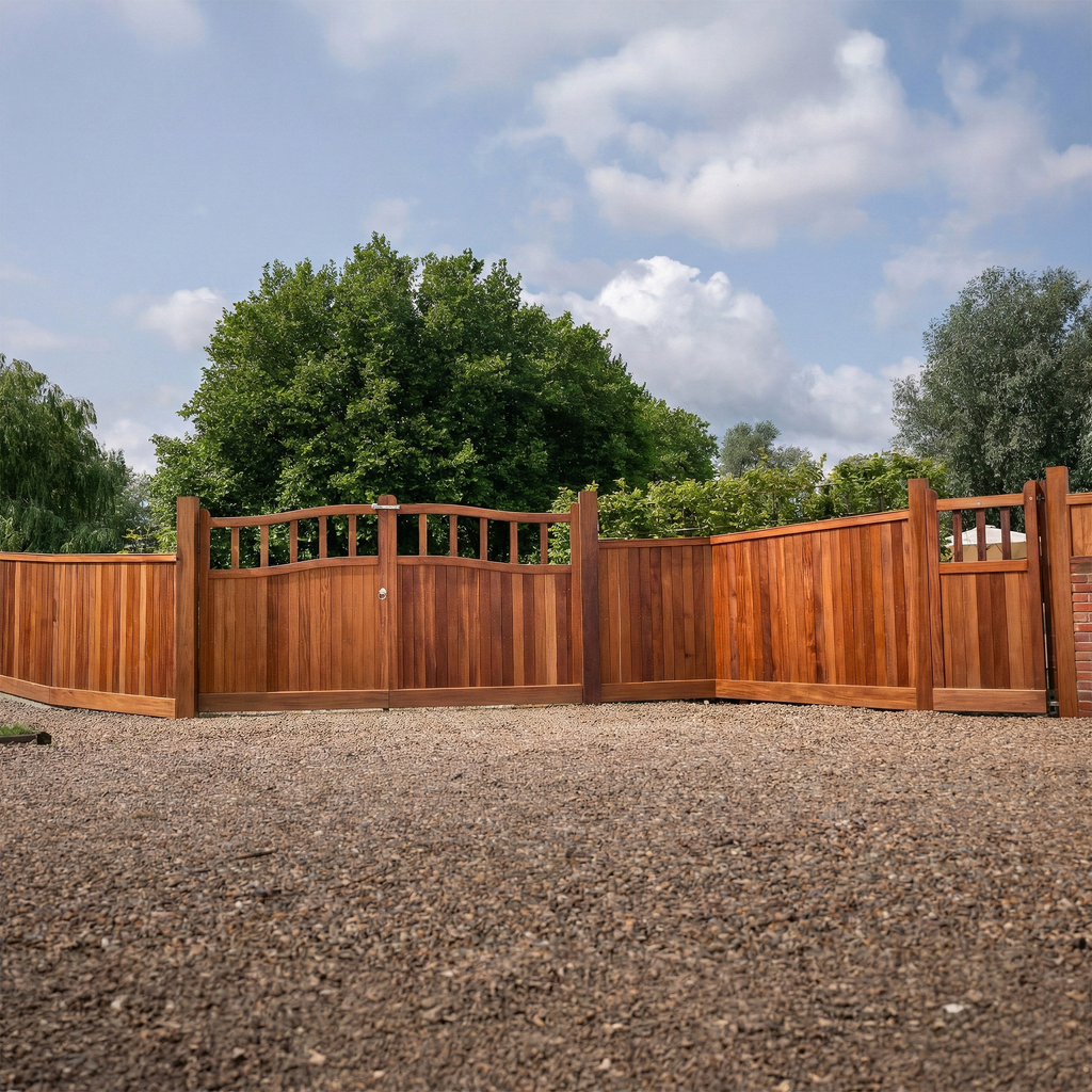 Iroko Swan Neck Cottage Mortise & Tenon Sliding Driveway Gate