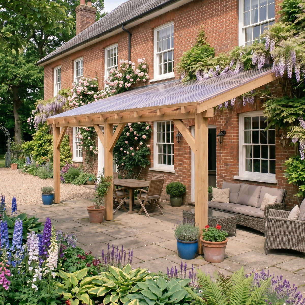 Lean-To Corrugated Clear Roof Oak Hardwood Gazebo