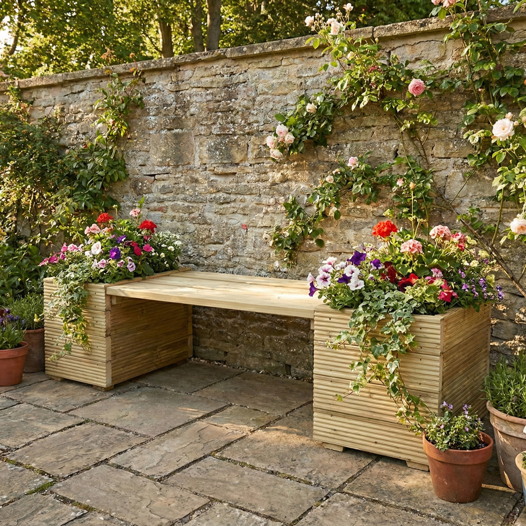 Large Square Decking Wooden Garden Planter & Bench Combination