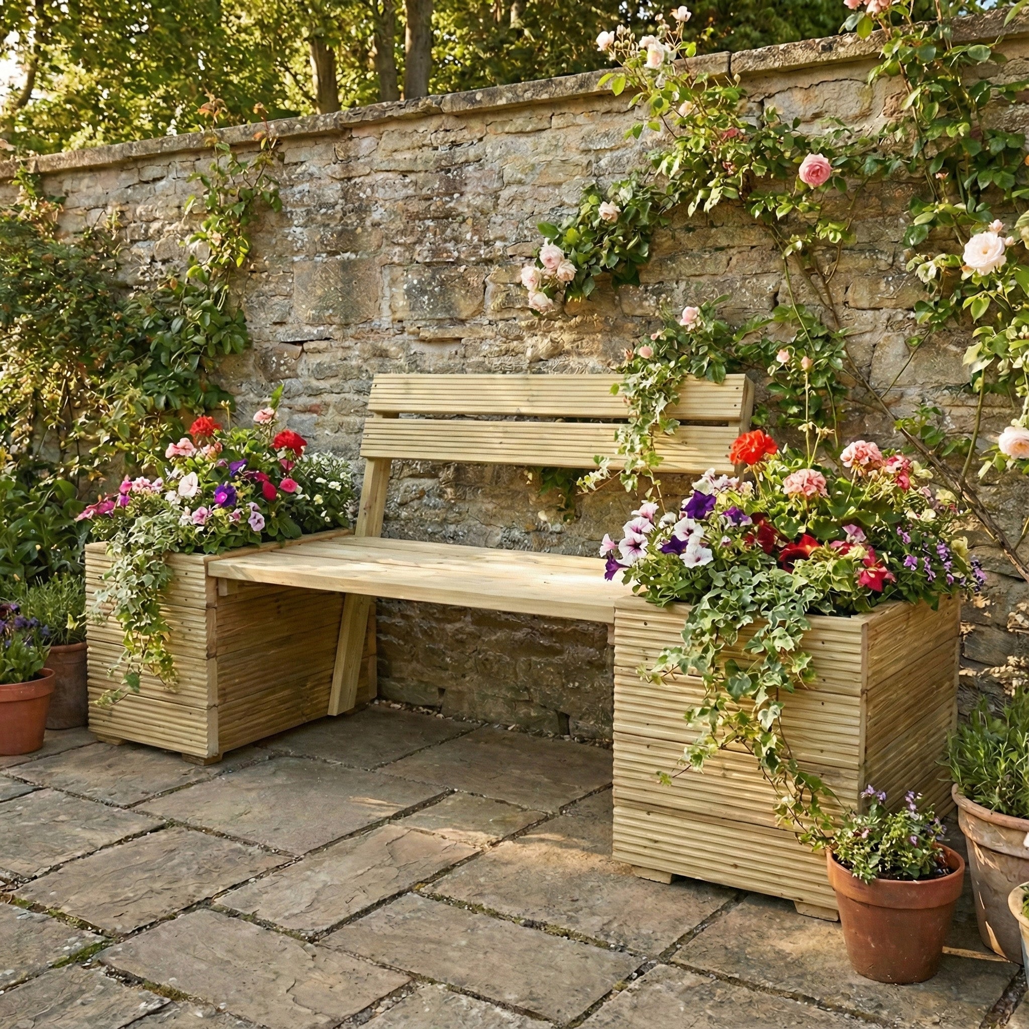 Redwood Planter & Bench Combination With Backrest