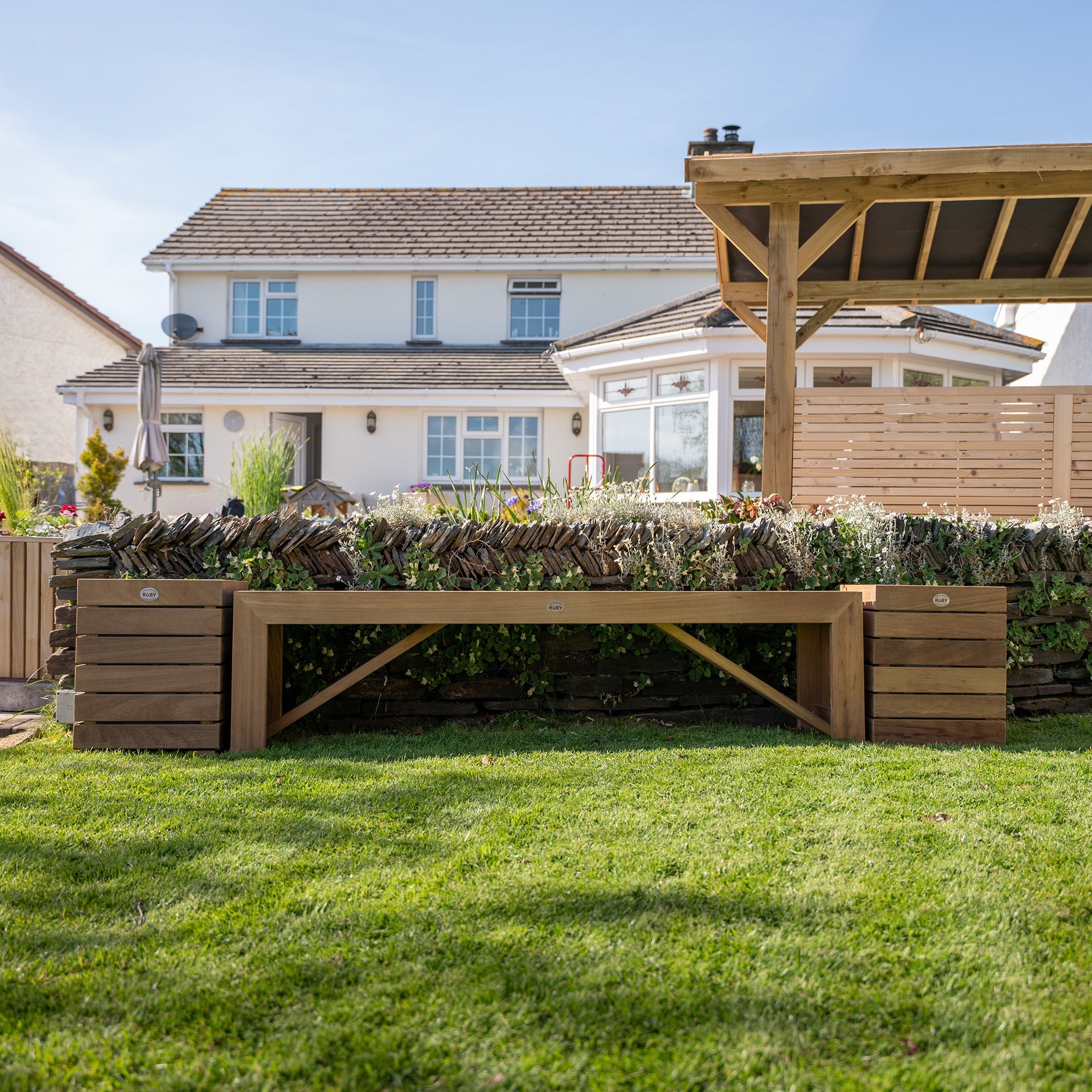 Premium Iroko Hardwood Slatted Planter With Bench Combo