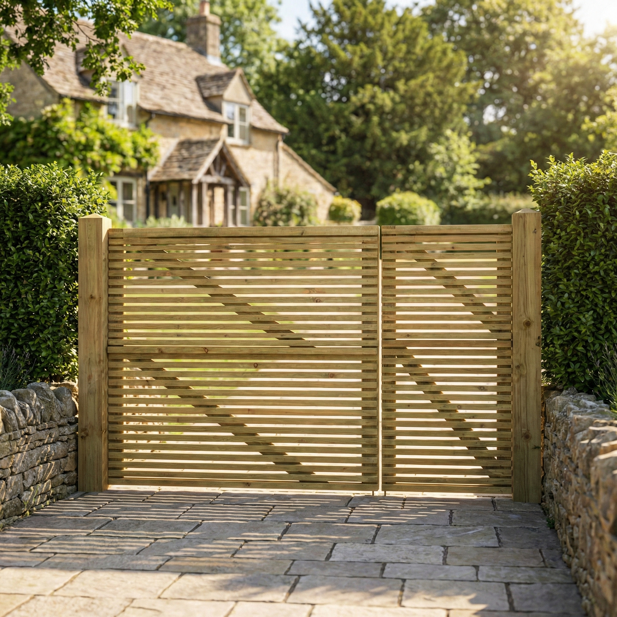 Scandinavian Redwood 3/4 Split Slatted Driveway Gate Pair
