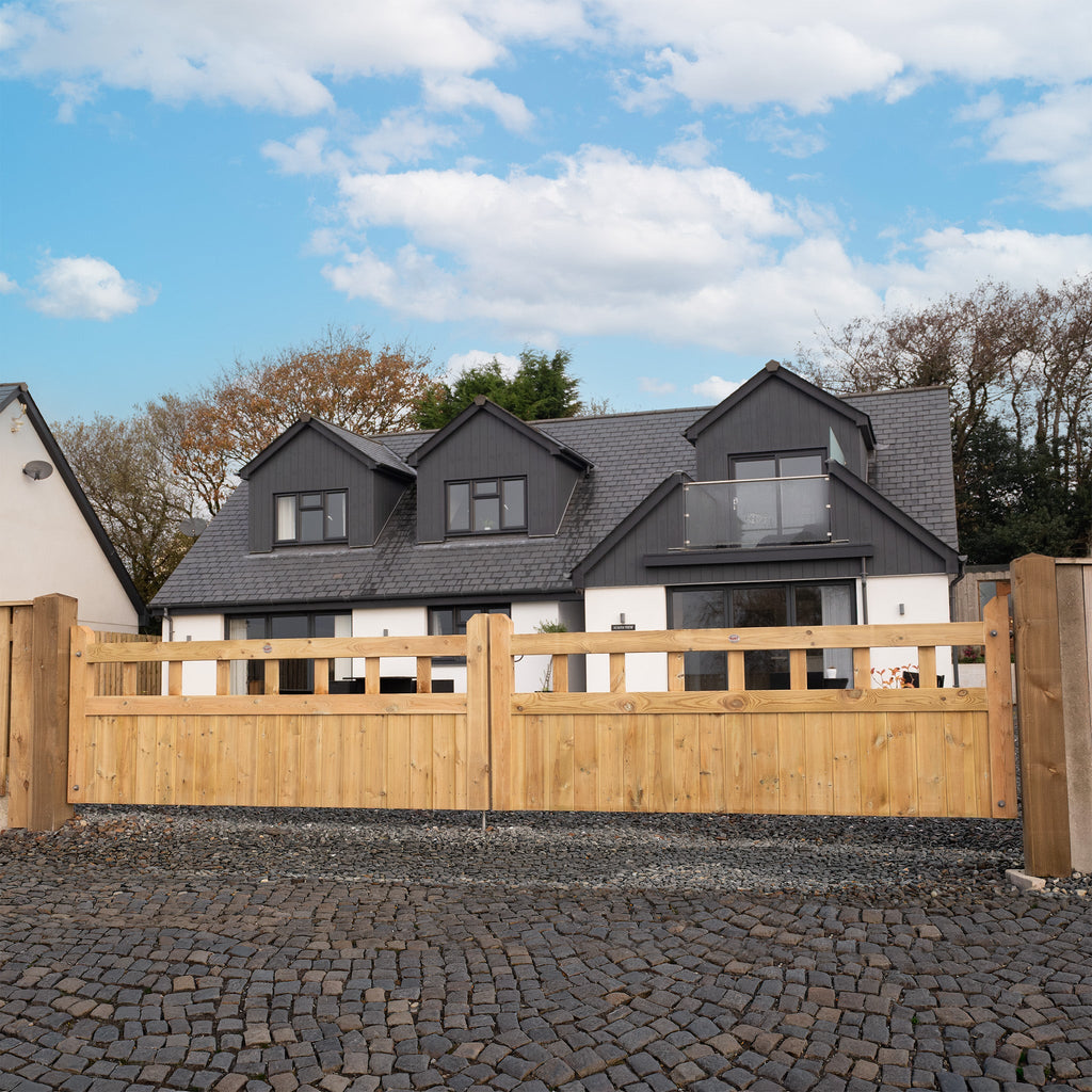 Cottage Scandinavian Redwood Mortise and Tenon T&G Driveway Gate Pair