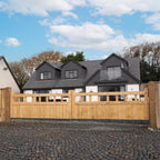 Cottage Scandinavian Redwood Mortise and Tenon T&G Driveway Gate Pair