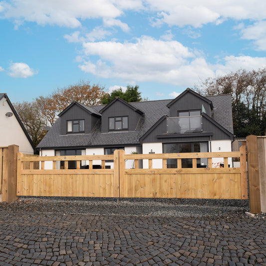 Cottage Scandinavian Redwood Mortise and Tenon T&G Driveway Gate Pair