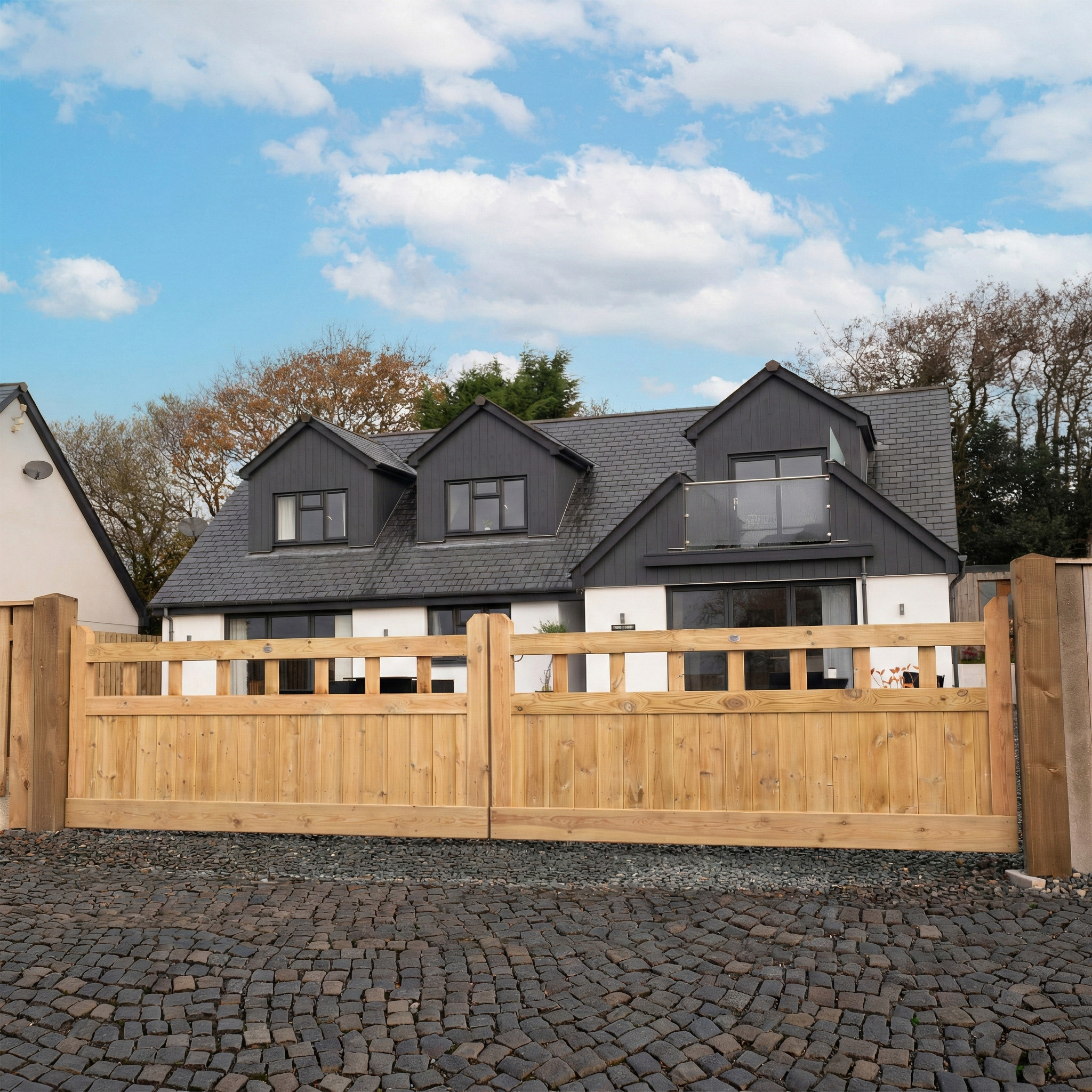 Cottage Scandinavian Redwood Sliding Driveway Gate
