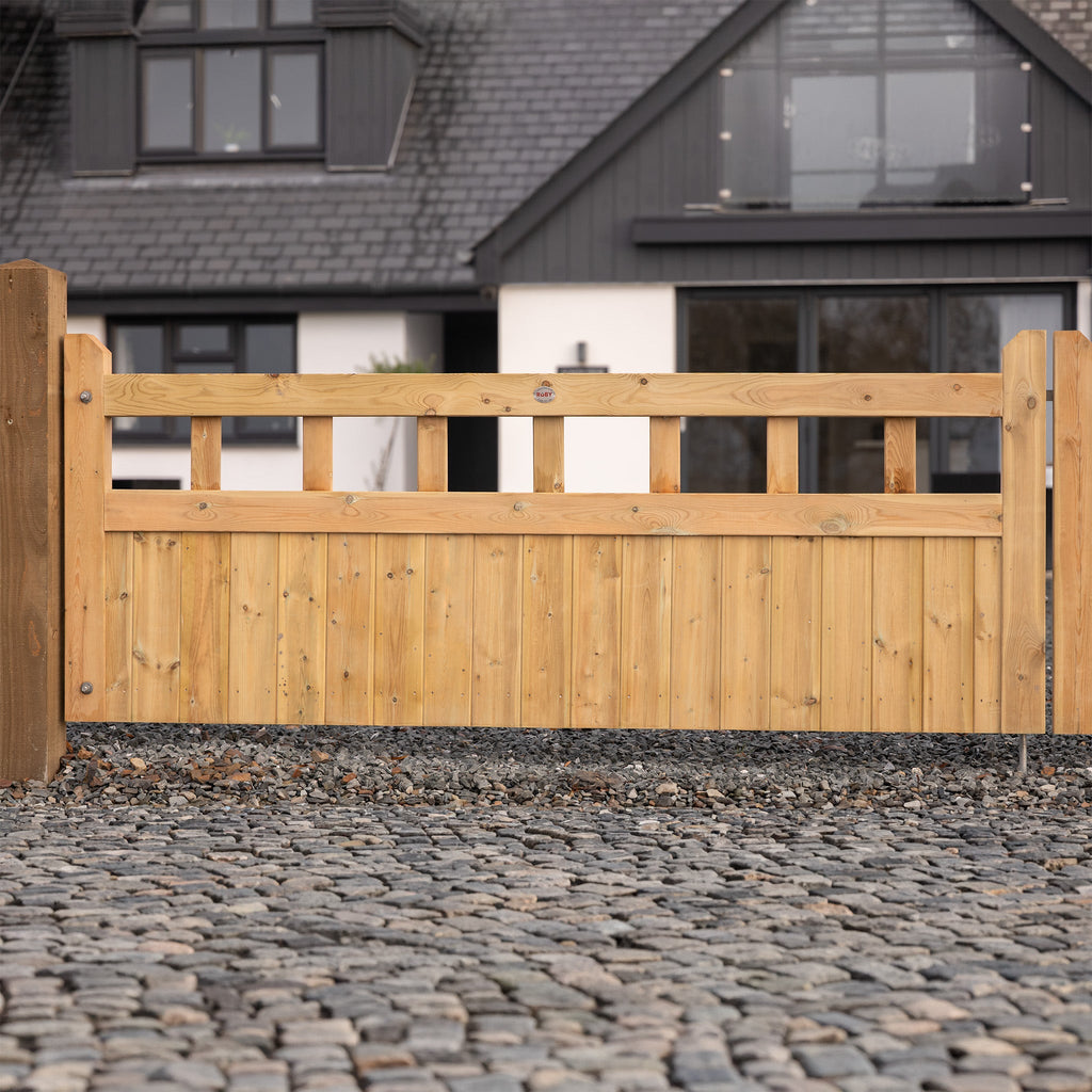 Cottage Scandinavian Redwood Mortise and Tenon T&G Driveway Gate Pair