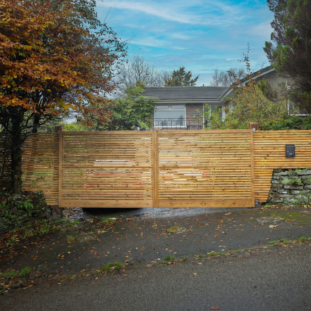 Scandinavian Redwood Slatted Sliding Driveway Gate