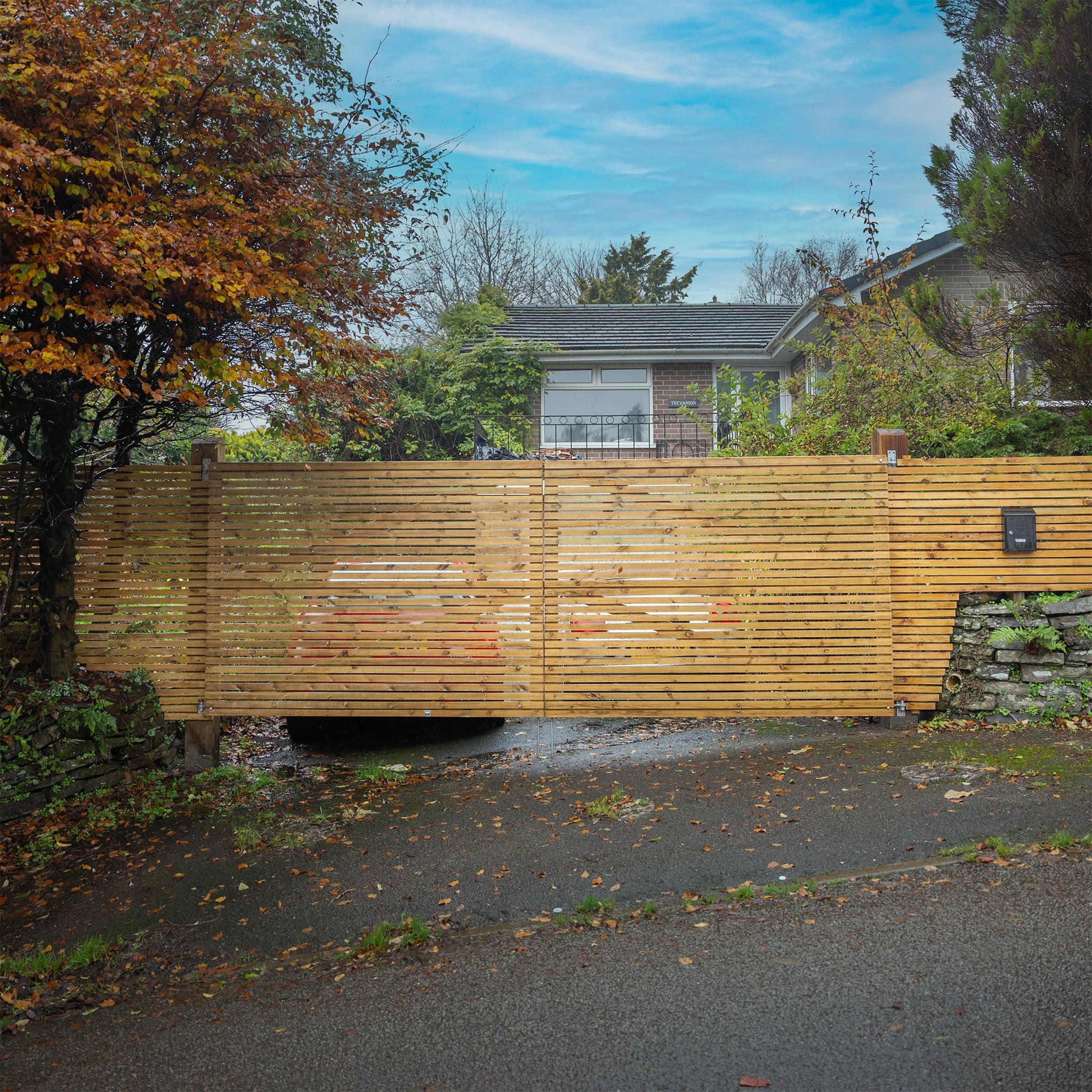 Scandinavian Redwood Slatted Driveway Gates