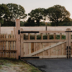 Cottage Scandinavian Redwood Mortise and Tenon T&G Driveway Gate Pair