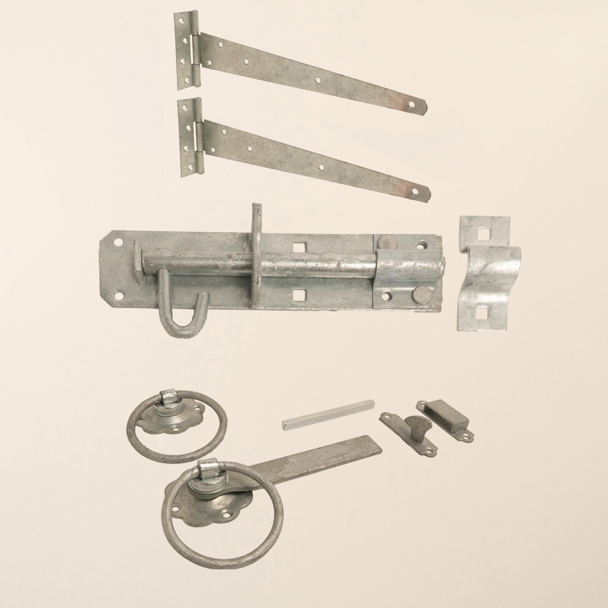 Side Gate Ironwork Bundle (Pair of 24" Strong Tee Hinges, Ring Latch and Brenton Bolt)