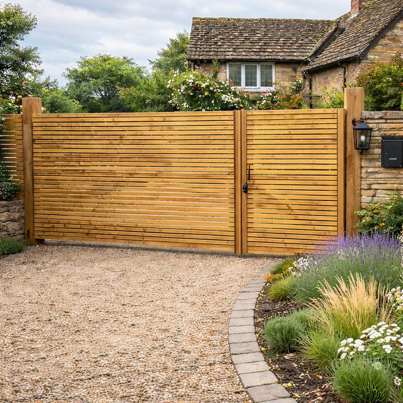Scandinavian Redwood 3/4 Split Slatted Driveway Gate Pair
