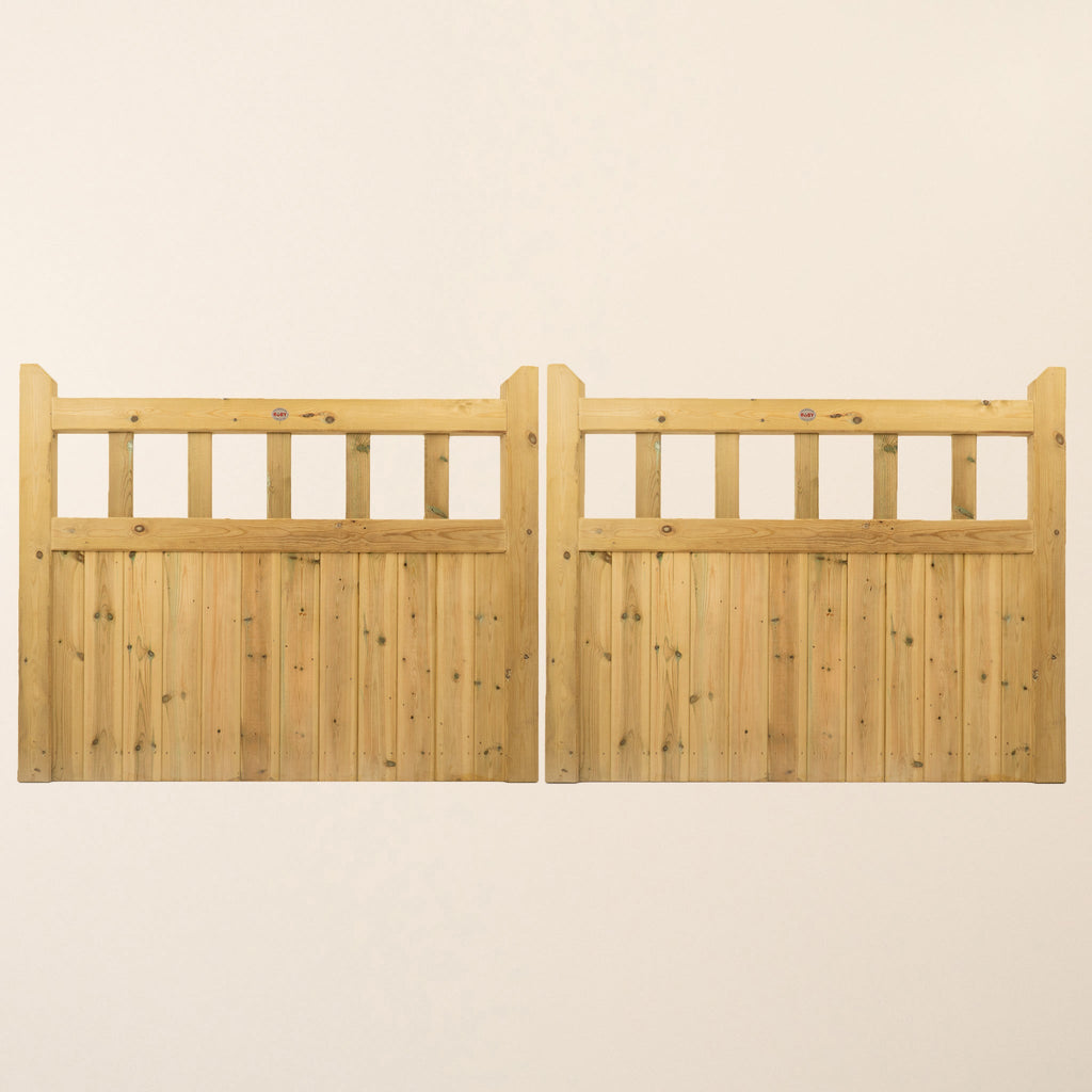 Cottage Scandinavian Redwood Mortise and Tenon T&G Driveway Gate Pair